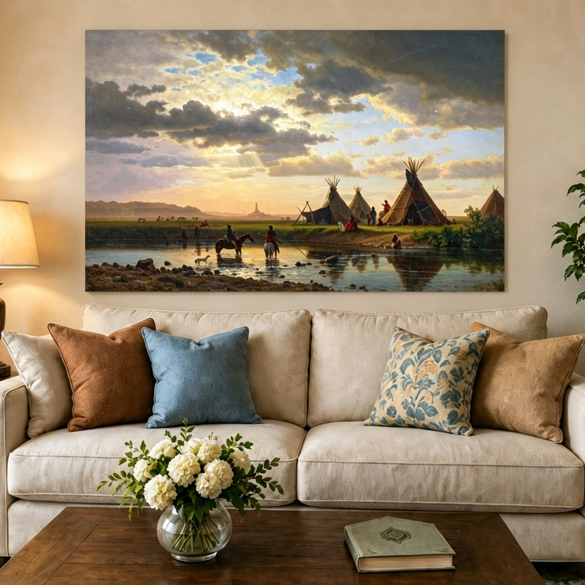 Unframed hand-painted sunset river camp oil painting with tipis and riders crossing the water displayed above a neutral living room sofa.