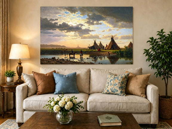 Unframed hand-painted sunset river camp oil painting with tipis and riders crossing the water displayed above a neutral living room sofa.