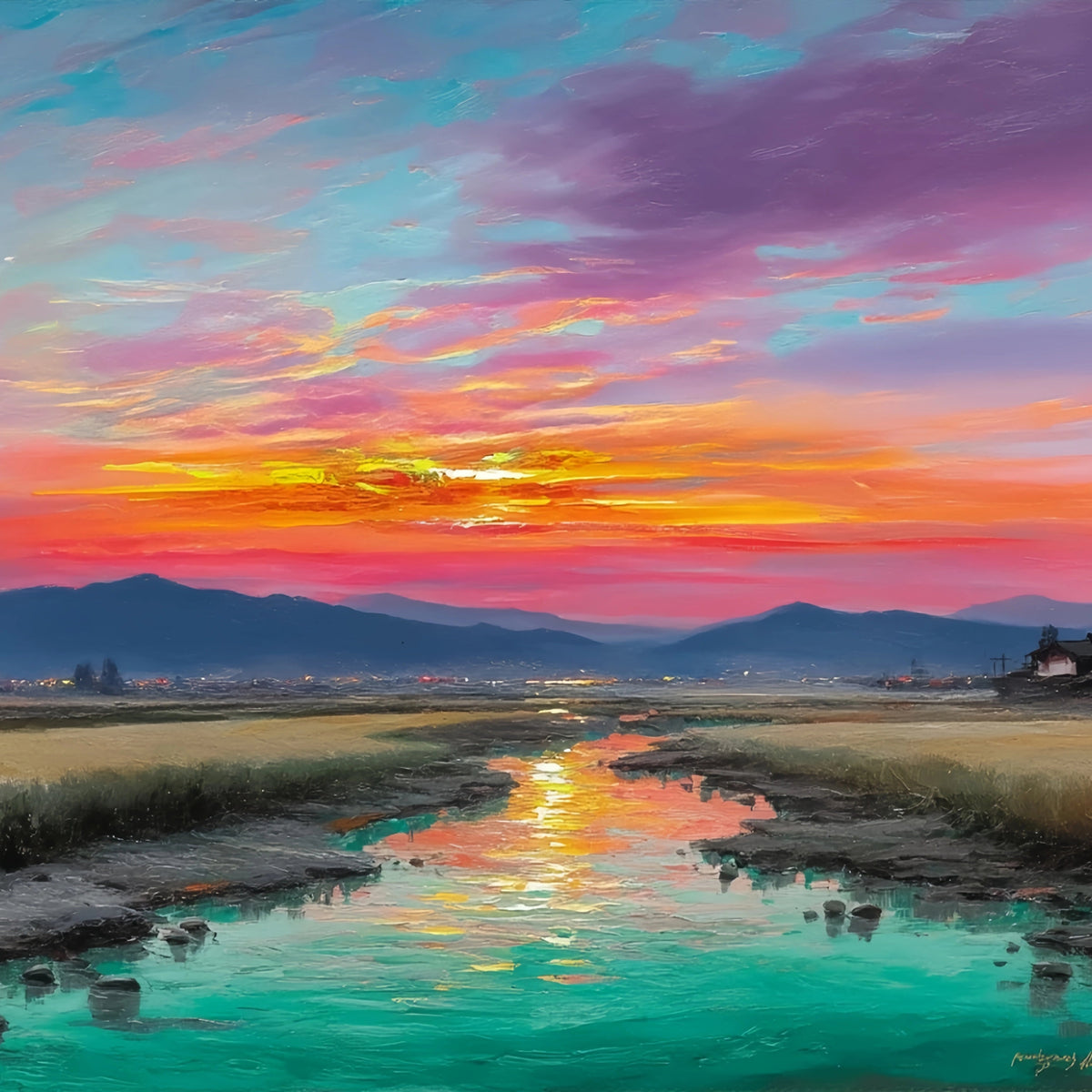Sunset River Village Original Oil Painting For Sale - Oil Painting Haven
