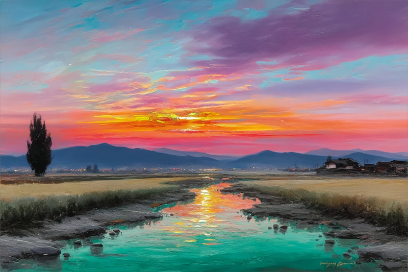 Sunset River Village Original Oil Painting For Sale - Oil Painting Haven