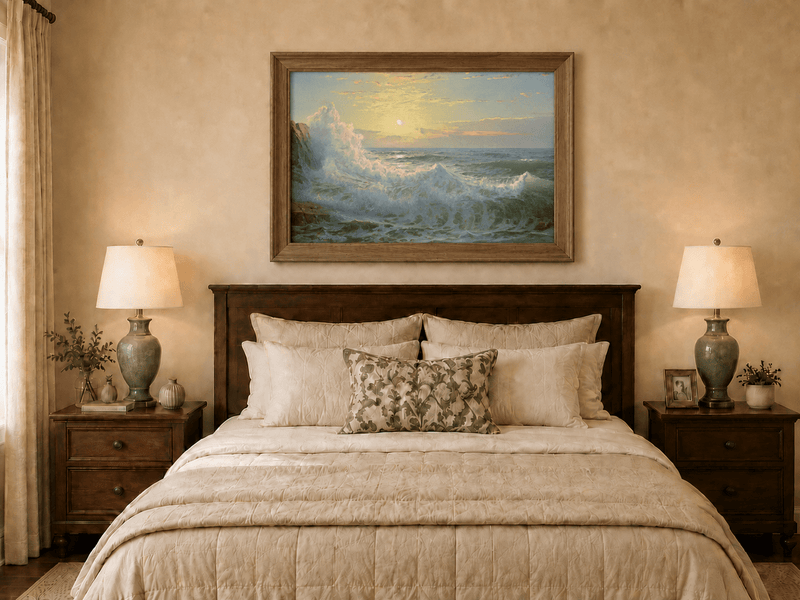 Framed hand-painted sunset seascape oil painting with luminous crashing waves displayed above a wooden bed in a neutral bedroom.
