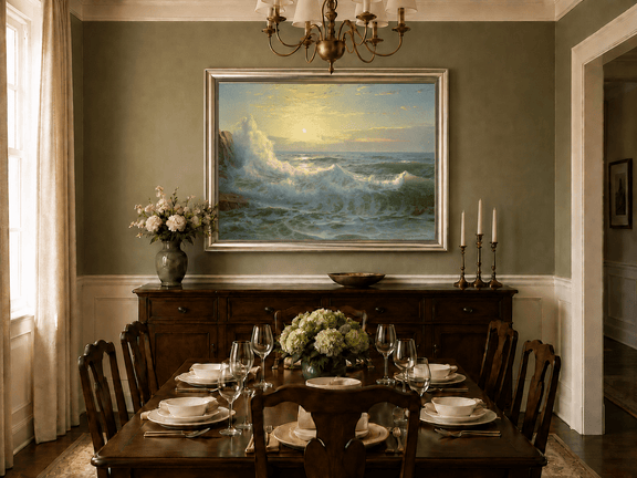 Framed hand-painted sunset seascape oil painting with luminous crashing waves displayed above a formal dining table.