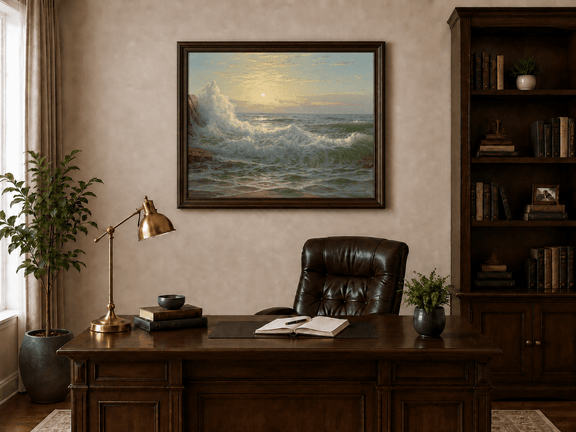 Framed hand-painted sunset seascape oil painting with luminous crashing waves displayed above a traditional home office desk.