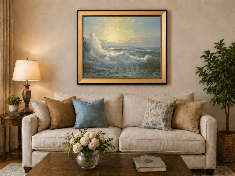 Framed hand-painted sunset seascape oil painting with luminous crashing waves displayed above a neutral living room sofa.