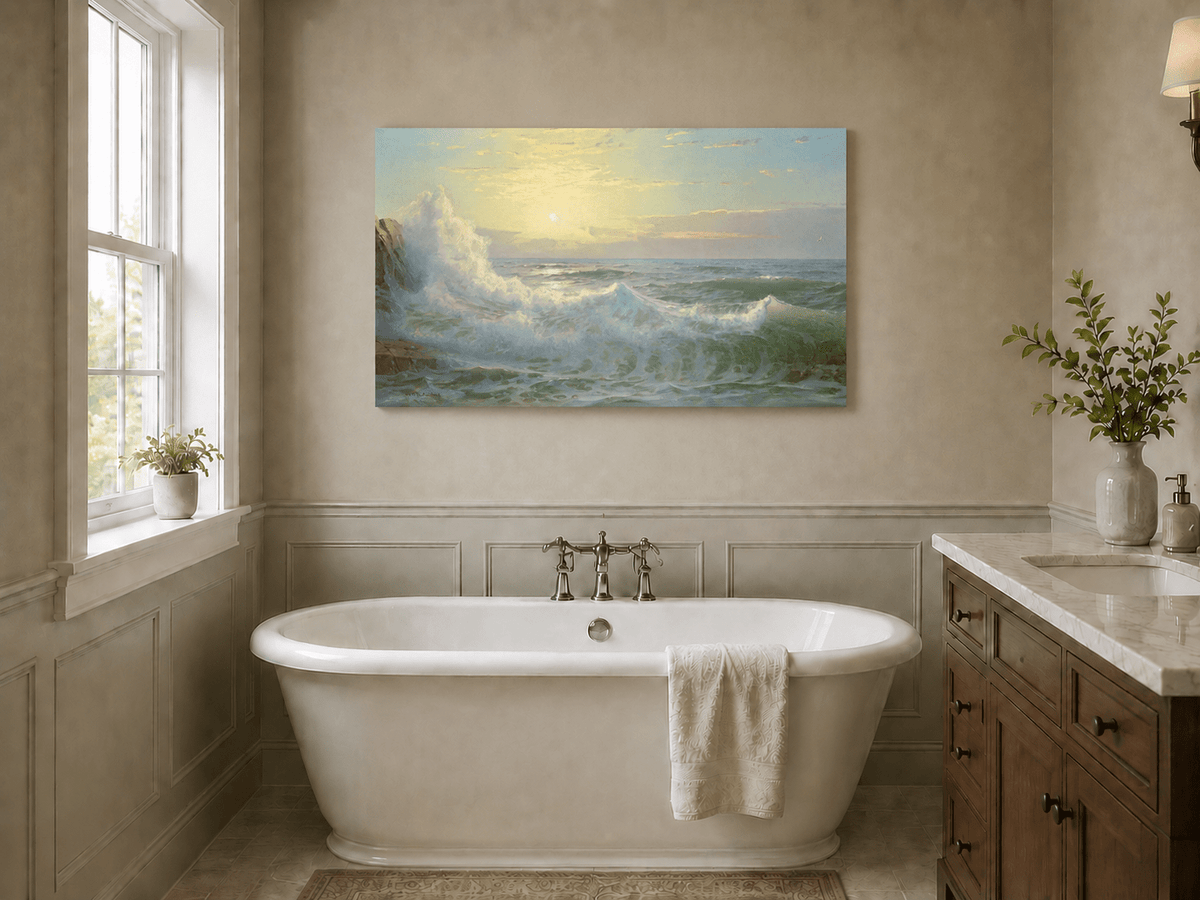 Unframed hand-painted sunset seascape oil painting with luminous crashing waves displayed above a freestanding bathtub.