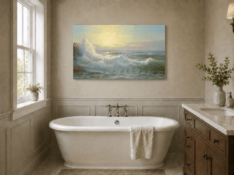 Unframed hand-painted sunset seascape oil painting with luminous crashing waves displayed above a freestanding bathtub.