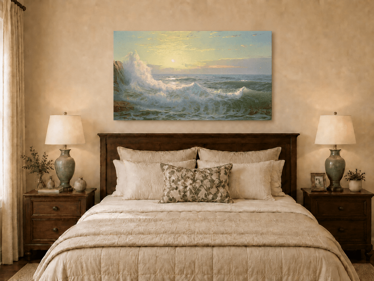 Unframed hand-painted sunset seascape oil painting with luminous crashing waves displayed above a wooden bed in a neutral bedroom.