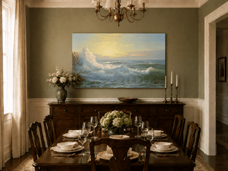 Unframed hand-painted sunset seascape oil painting with luminous crashing waves displayed above a formal dining table.