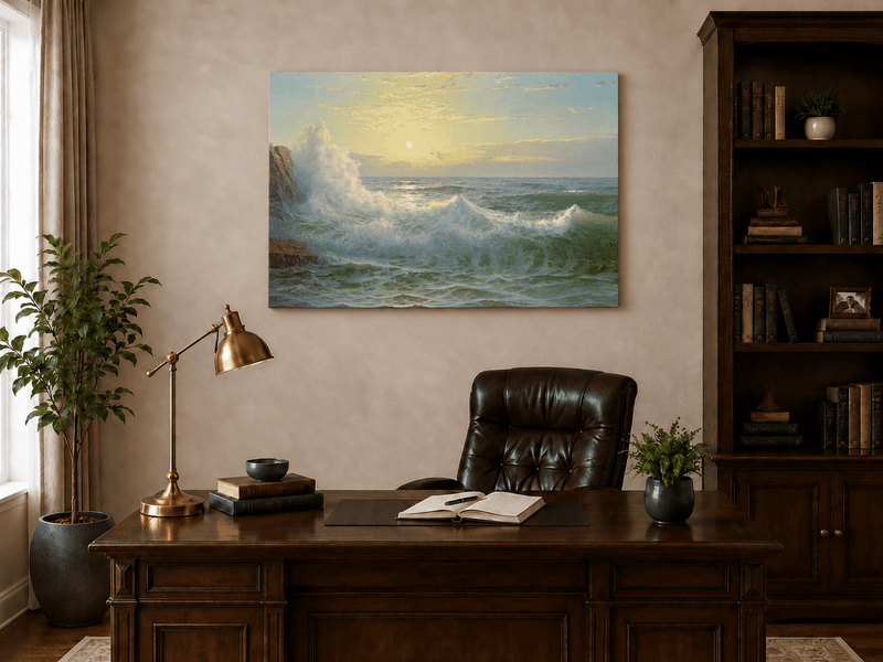 Unframed hand-painted sunset seascape oil painting with luminous crashing waves displayed above a traditional home office desk.