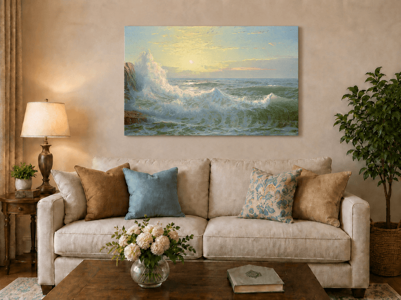 Unframed hand-painted sunset seascape oil painting with luminous crashing waves displayed above a neutral living room sofa.