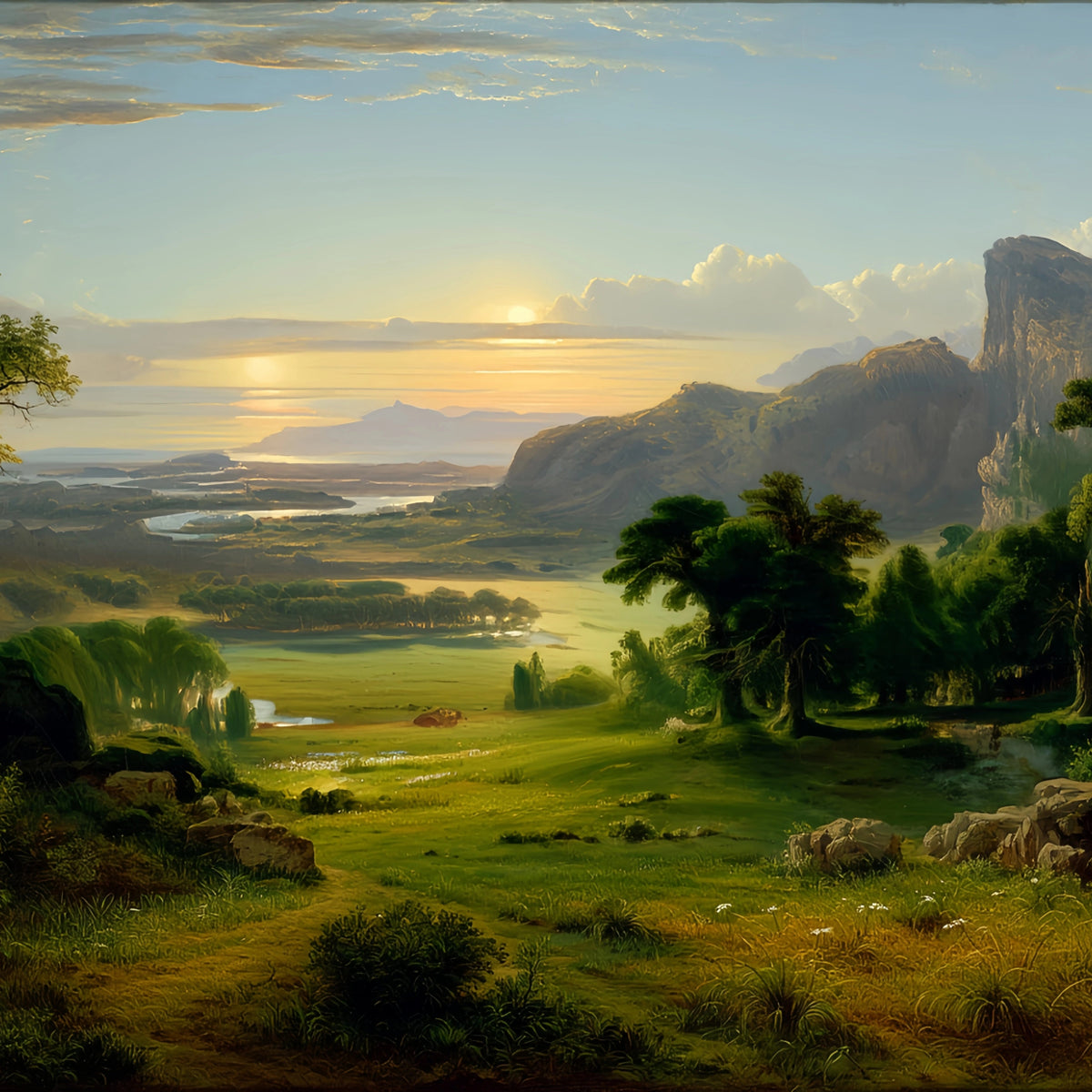 Sunset Valley Mountain River Original Oil Painting For Sale - Oil Painting Haven