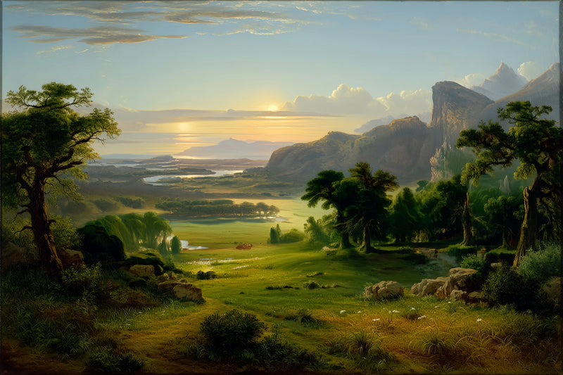 Sunset Valley Mountain River Original Oil Painting For Sale - Oil Painting Haven