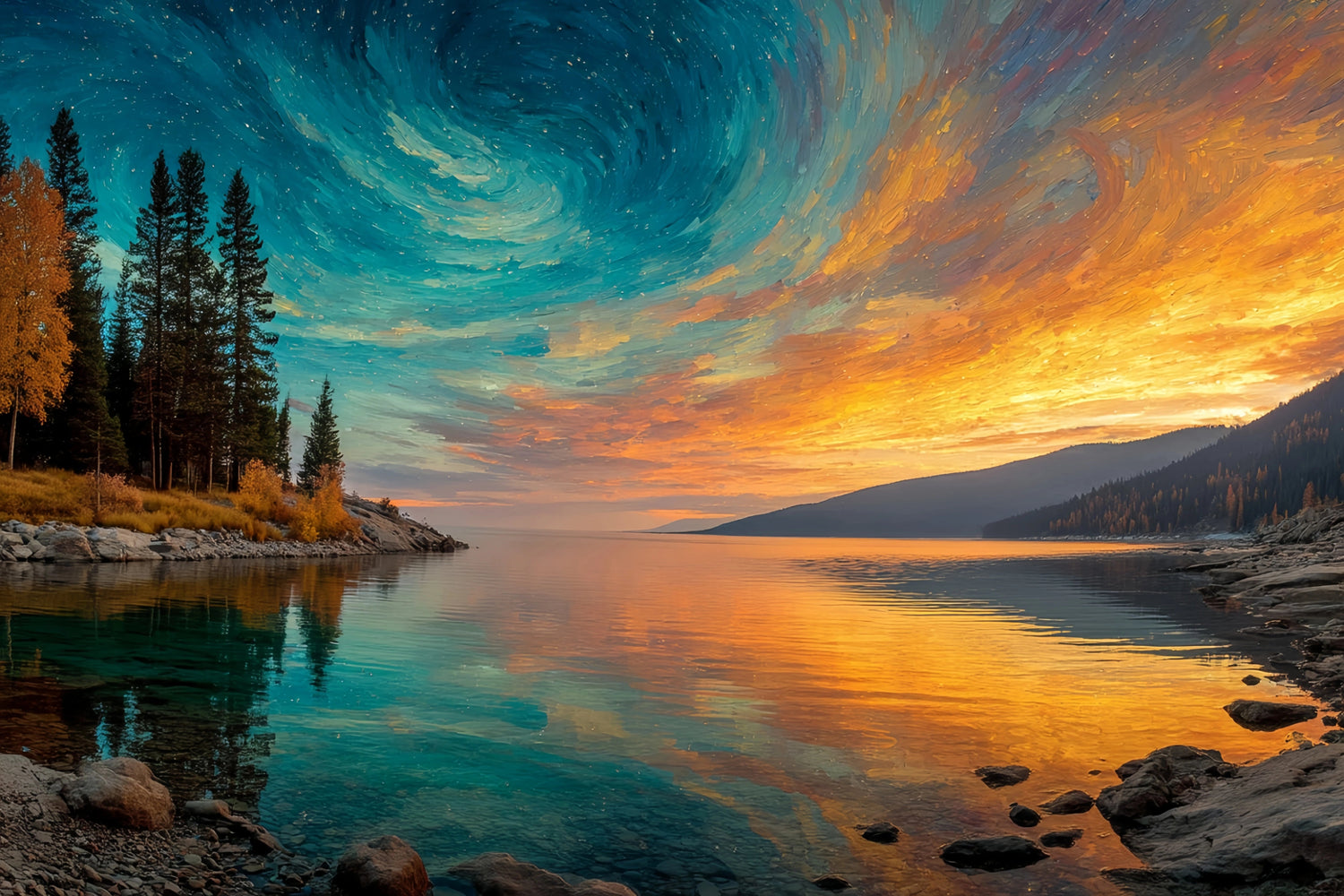 Swirling Starry Sky Lakeside Original Oil Painting For Sale - Oil Painting Haven