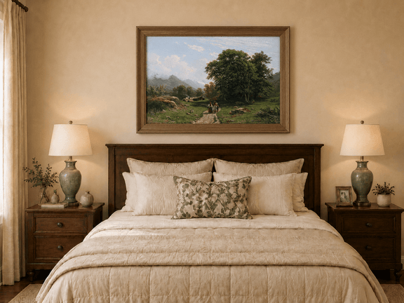 Framed hand-painted Swiss landscape oil painting with a country path, trees and distant peaks displayed above a wooden bed in a neutral bedroom.