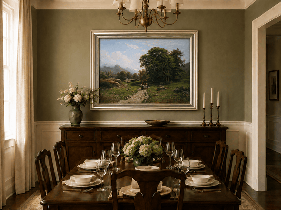 Framed hand-painted Swiss landscape oil painting with a country path, trees and distant peaks displayed above a formal dining table.