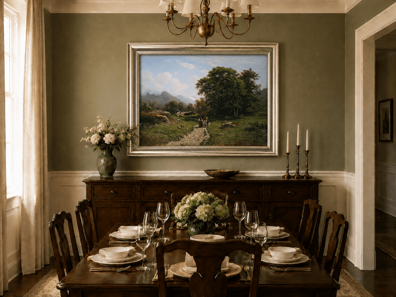 Framed hand-painted Swiss landscape oil painting with a country path, trees and distant peaks displayed above a formal dining table.