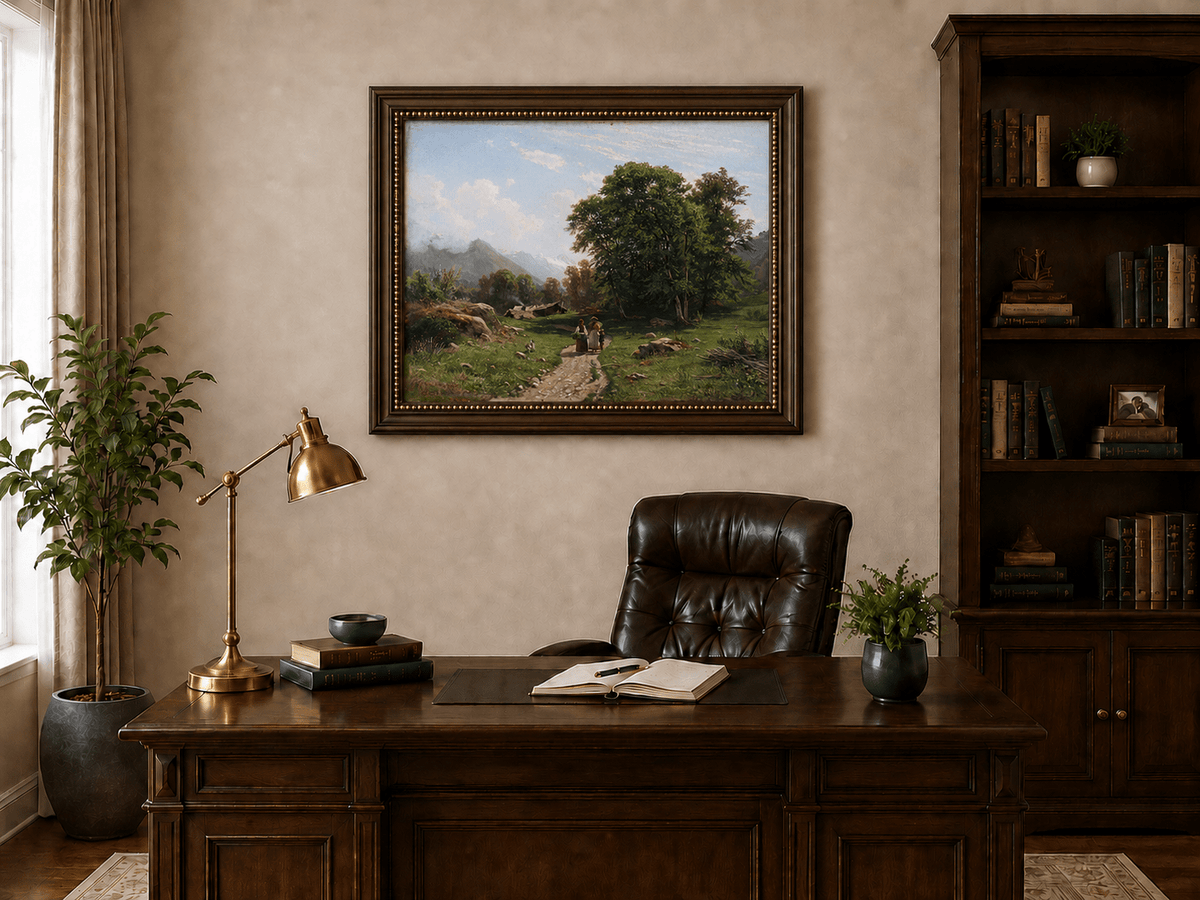 Framed hand-painted Swiss landscape oil painting with a country path, trees and distant peaks displayed above a traditional home office desk.