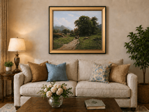Framed hand-painted Swiss landscape oil painting with a country path, trees and distant peaks displayed above a neutral living room sofa.