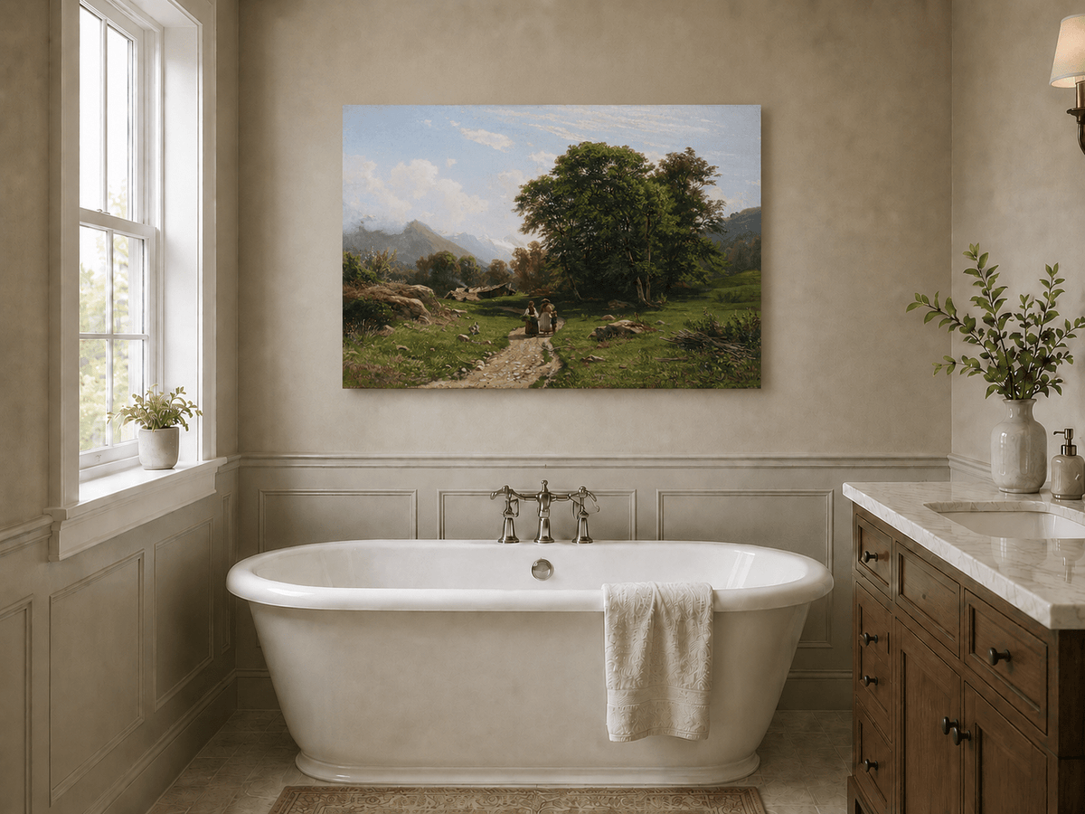 Unframed hand-painted Swiss landscape oil painting with a country path, trees and distant peaks displayed above a freestanding bathtub.
