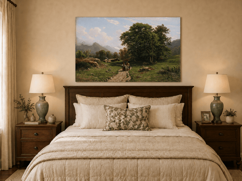 Unframed hand-painted Swiss landscape oil painting with a country path, trees and distant peaks displayed above a wooden bed in a neutral bedroom.
