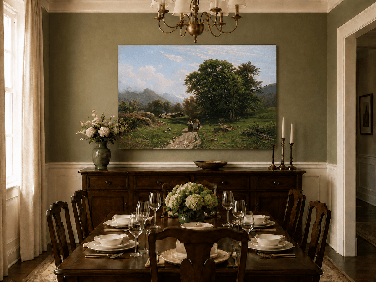 Unframed hand-painted Swiss landscape oil painting with a country path, trees and distant peaks displayed above a formal dining table.