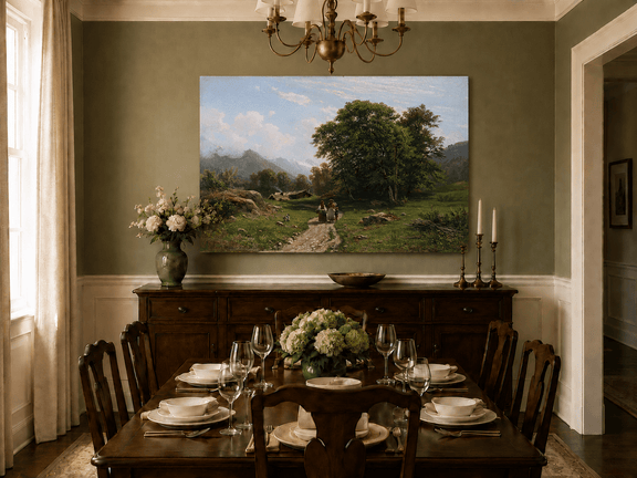 Unframed hand-painted Swiss landscape oil painting with a country path, trees and distant peaks displayed above a formal dining table.