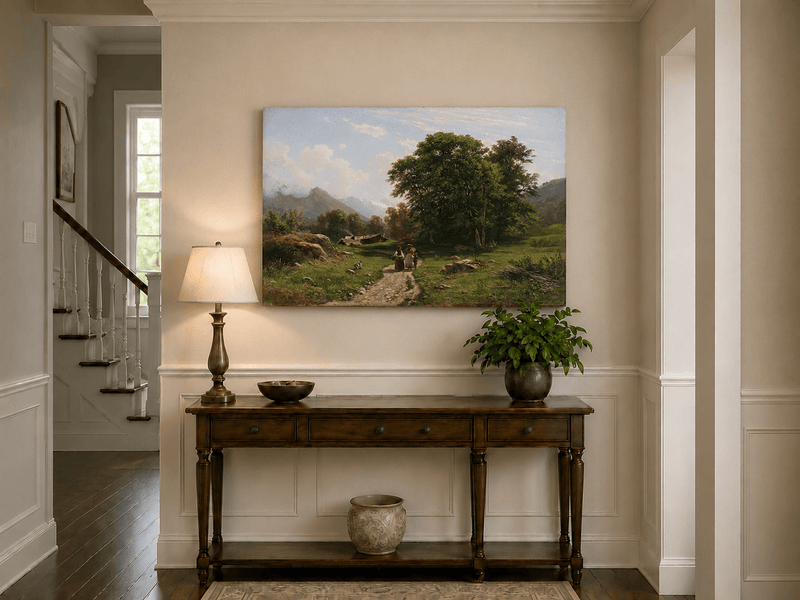 Unframed hand-painted Swiss landscape oil painting with a country path, trees and distant peaks displayed above an entryway console table.