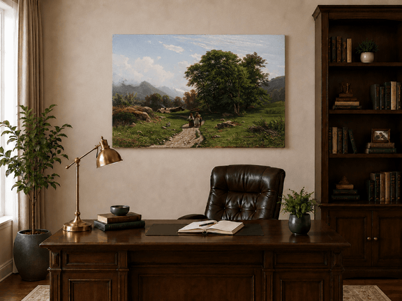 Unframed hand-painted Swiss landscape oil painting with a country path, trees and distant peaks displayed above a traditional home office desk.