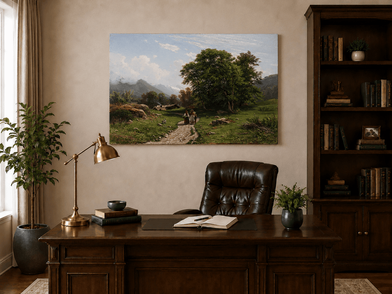 Unframed hand-painted Swiss landscape oil painting with a country path, trees and distant peaks displayed above a traditional home office desk.