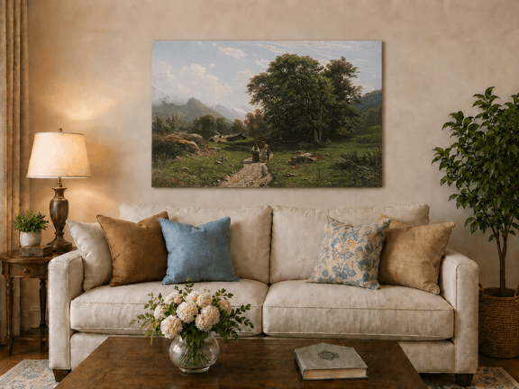 Unframed hand-painted Swiss landscape oil painting with a country path, trees and distant peaks displayed above a neutral living room sofa.