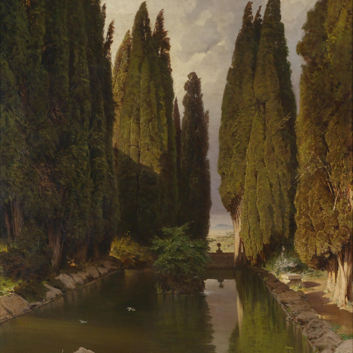 Tall Cypress Trees & Calm Canal Garden – Landscape Oil Painting - Oil Painting Haven