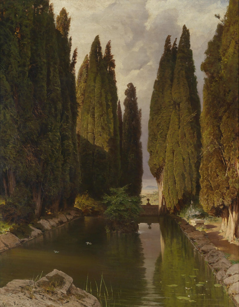 Tall Cypress Trees & Calm Canal Garden – Landscape Oil Painting - Oil Painting Haven