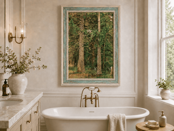 Framed hand-painted tall pine forest oil painting with lush green undergrowth displayed above a freestanding bathtub.