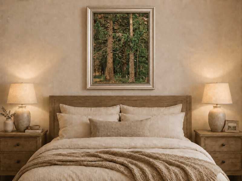 Framed hand-painted tall pine forest oil painting with lush green undergrowth displayed above a wooden bed in a neutral bedroom.