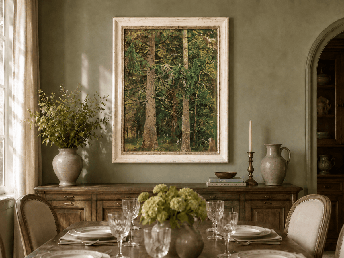 Framed hand-painted tall pine forest oil painting with lush green undergrowth displayed above a formal dining table.
