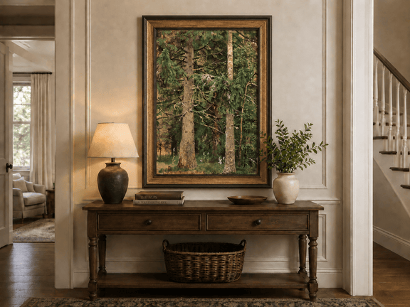 Framed hand-painted tall pine forest oil painting with lush green undergrowth displayed above an entryway console table.