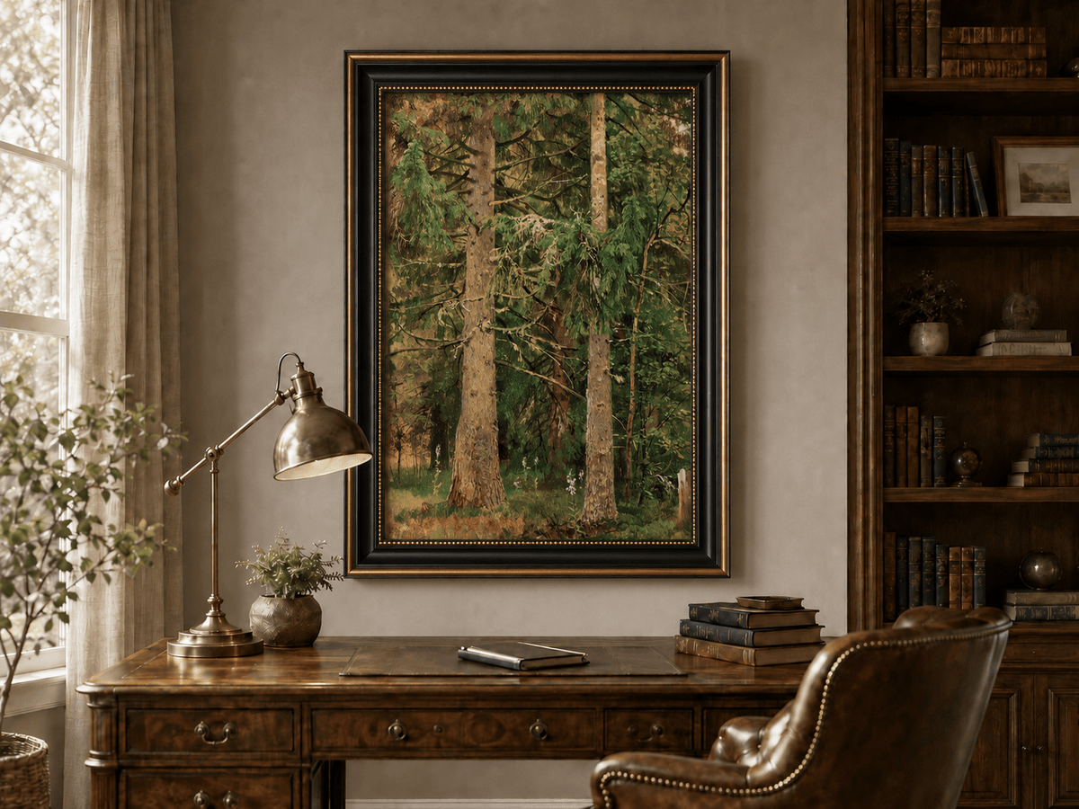 Framed hand-painted tall pine forest oil painting with lush green undergrowth displayed above a traditional home office desk.