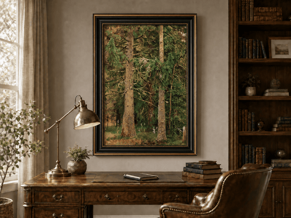 Framed hand-painted tall pine forest oil painting with lush green undergrowth displayed above a traditional home office desk.
