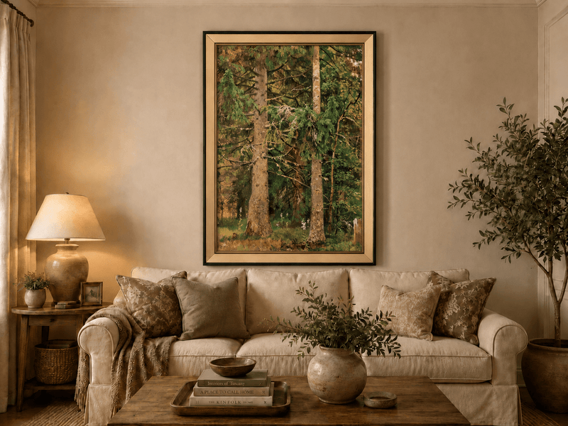 Framed hand-painted tall pine forest oil painting with lush green undergrowth displayed above a neutral living room sofa.