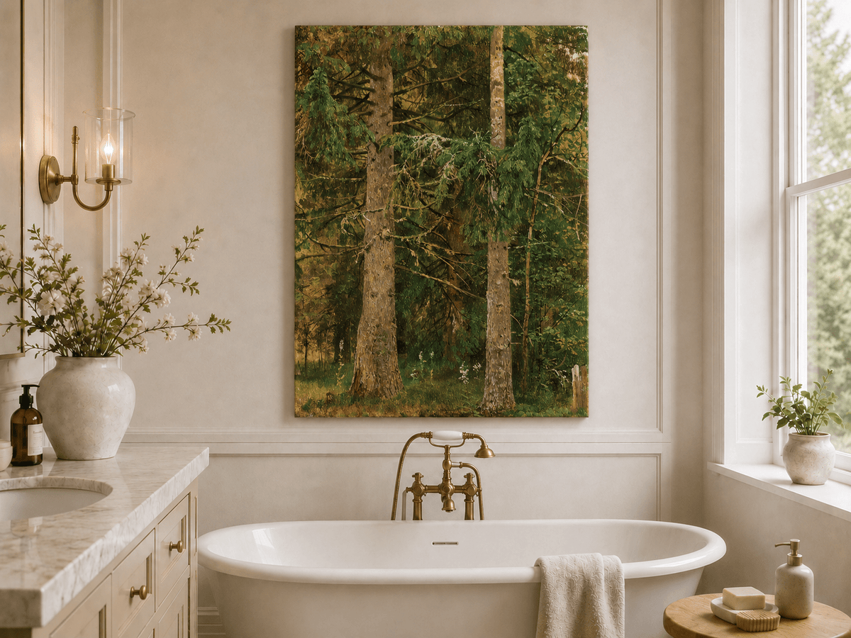 Unframed hand-painted tall pine forest oil painting with lush green undergrowth displayed above a freestanding bathtub.