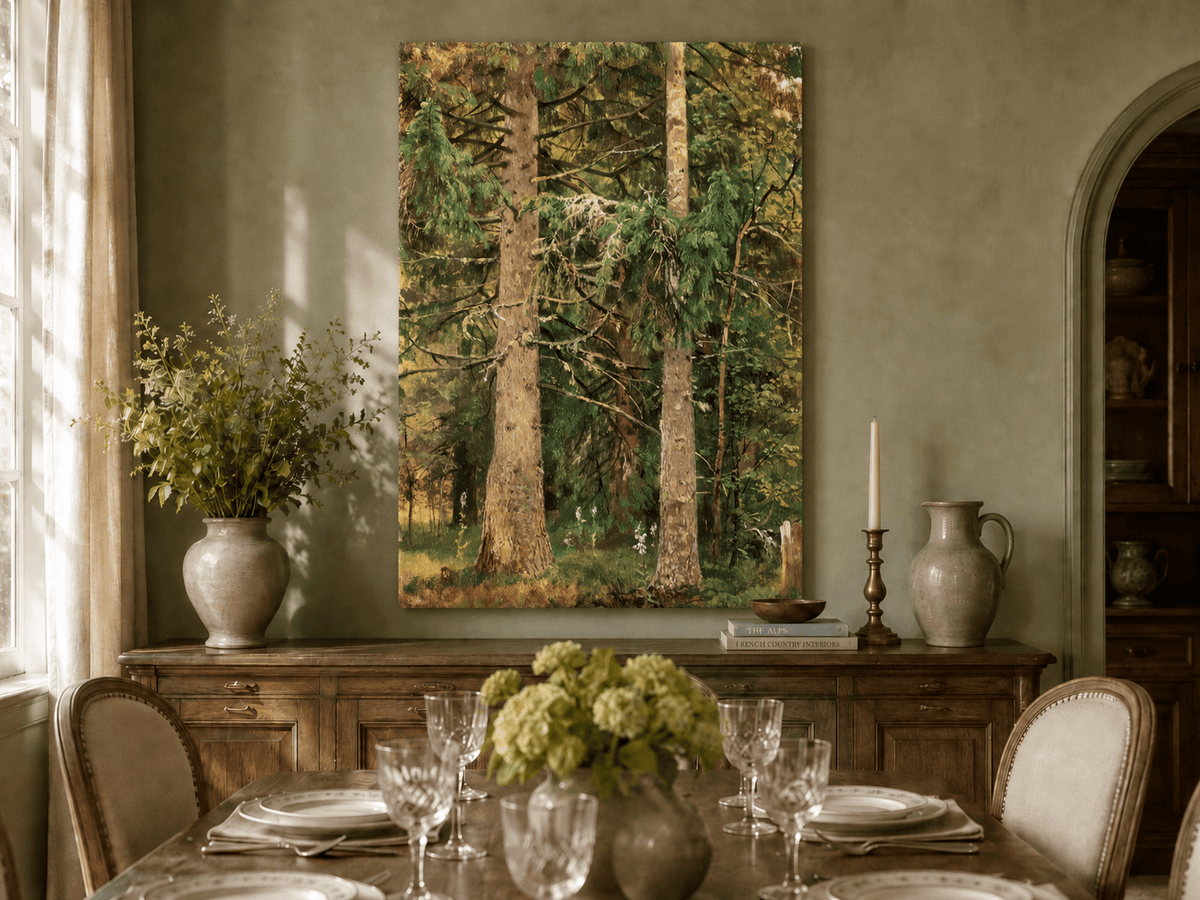 Unframed hand-painted tall pine forest oil painting with lush green undergrowth displayed above a formal dining table.