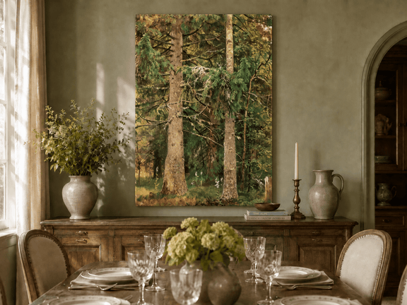 Unframed hand-painted tall pine forest oil painting with lush green undergrowth displayed above a formal dining table.