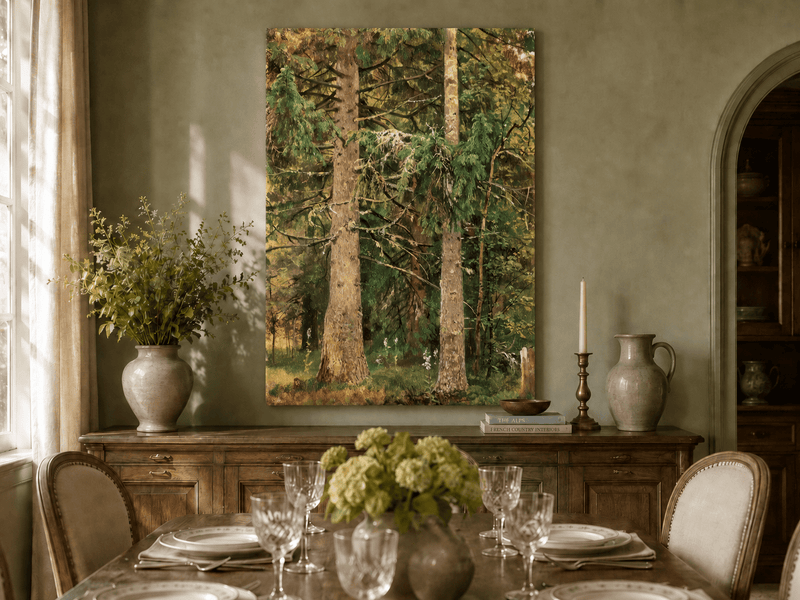 Unframed hand-painted tall pine forest oil painting with lush green undergrowth displayed above a formal dining table.