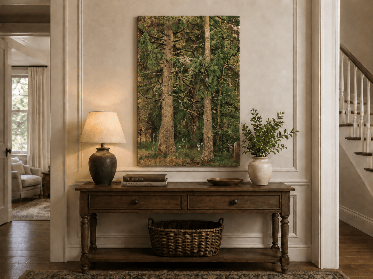 Unframed hand-painted tall pine forest oil painting with lush green undergrowth displayed above an entryway console table.