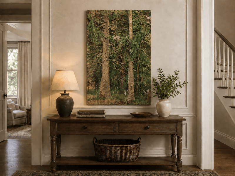 Unframed hand-painted tall pine forest oil painting with lush green undergrowth displayed above an entryway console table.