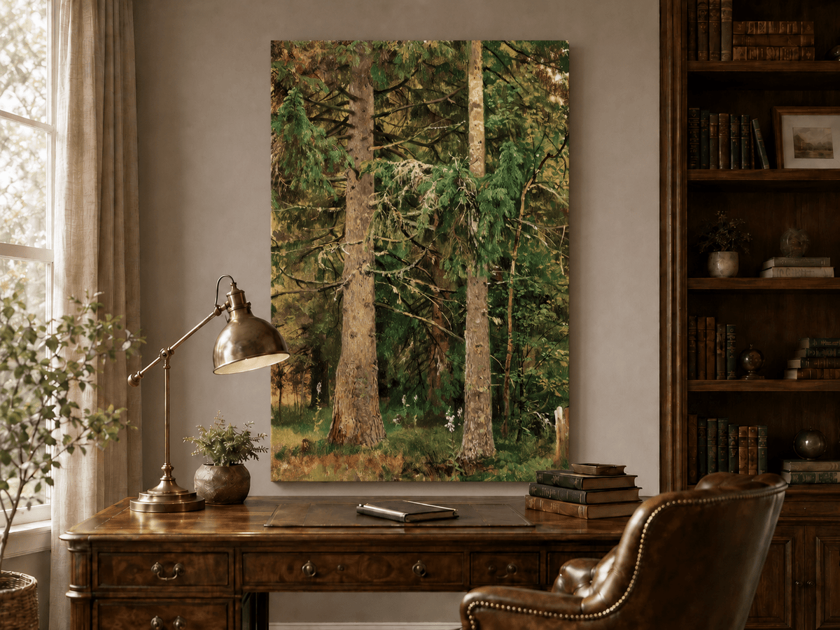 Unframed hand-painted tall pine forest oil painting with lush green undergrowth displayed above a traditional home office desk.