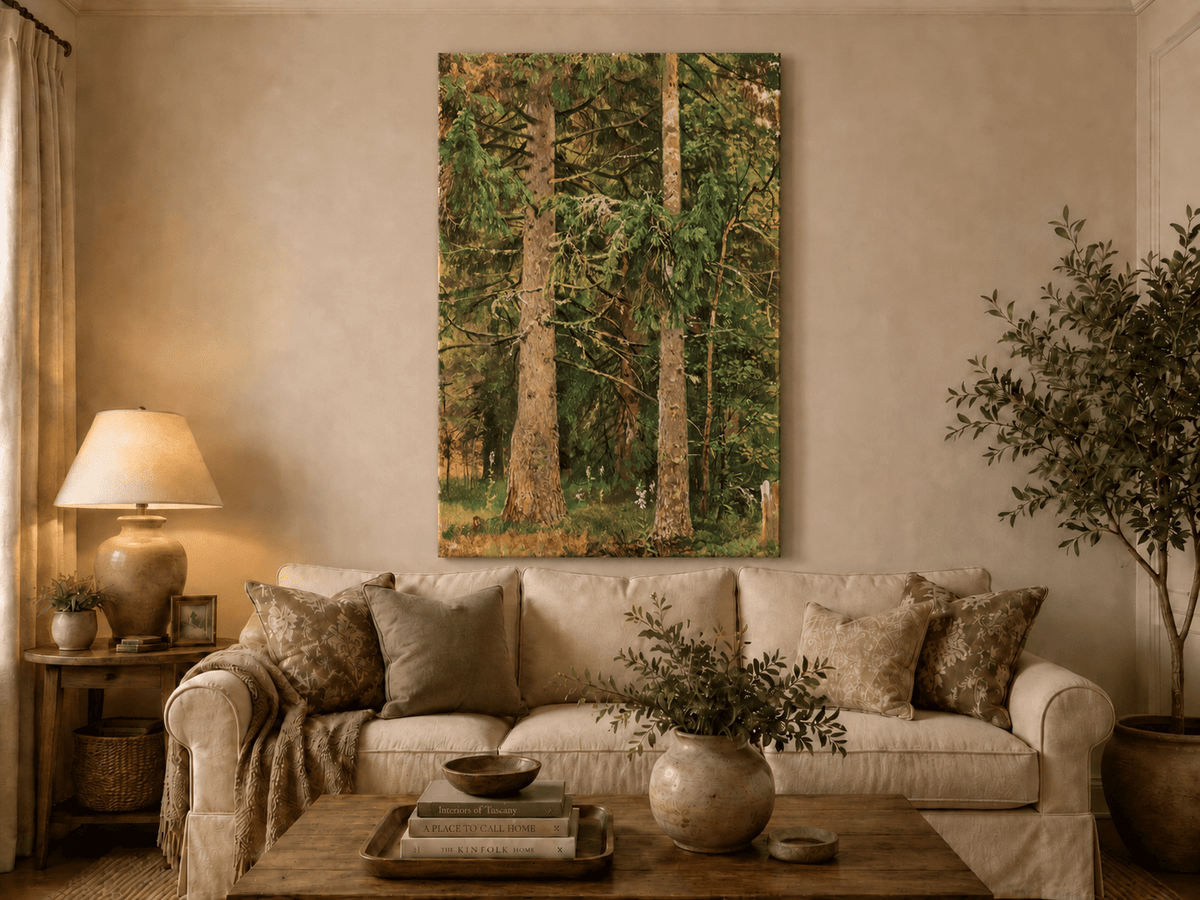 Unframed hand-painted tall pine forest oil painting with lush green undergrowth displayed above a neutral living room sofa.