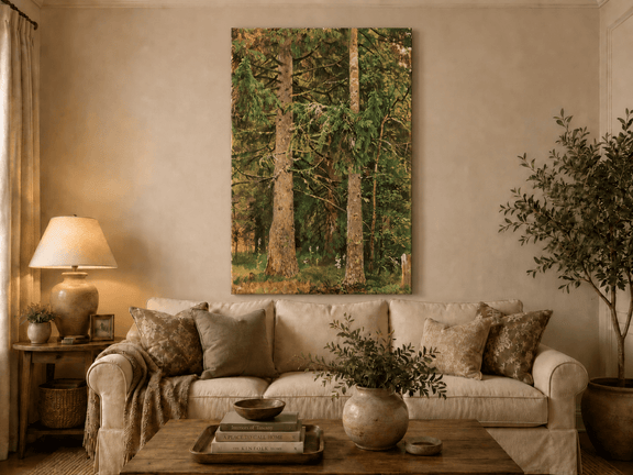 Unframed hand-painted tall pine forest oil painting with lush green undergrowth displayed above a neutral living room sofa.