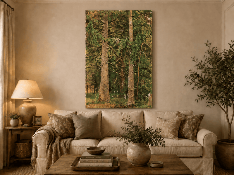Unframed hand-painted tall pine forest oil painting with lush green undergrowth displayed above a neutral living room sofa.