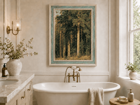 Framed hand-painted tall pine forest oil painting with sunlit trunks and dense woodland displayed above a freestanding bathtub.